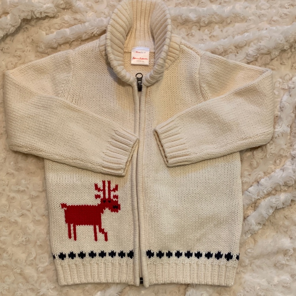 Hanna Anderson Cream Zip-Up Knit Cardigan with Red Reindeer, 3T